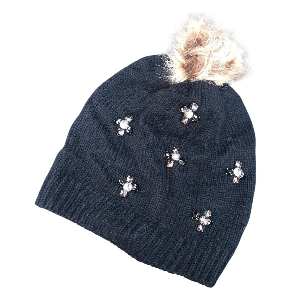 Black Knit Beanie Rhinestone Embellished Winter Hat Pom Pom Warm